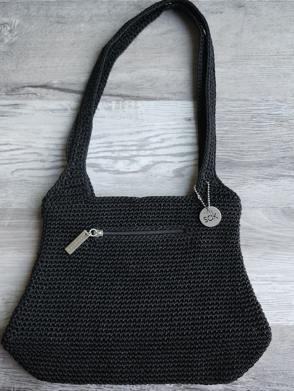 The Sak Black Crochet Hobo Bag Boho Y2K Indie Sleaze Shoulder Purse Zip Top